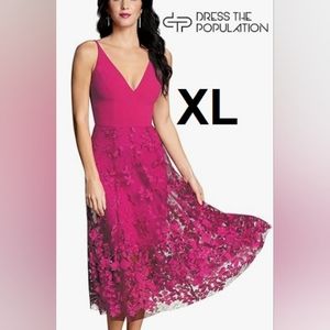 Dress The Population Darleen Sleeveless Plunging Neckline Fit & Flare Midi Dress